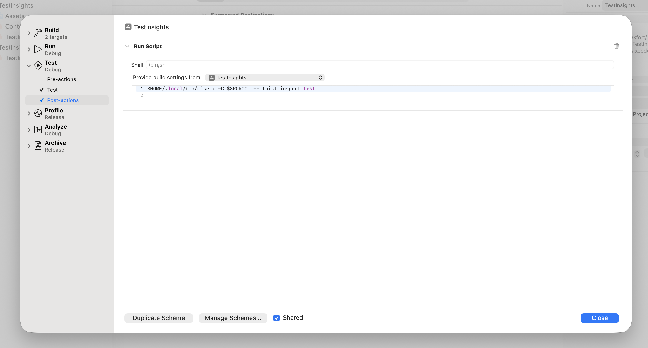 Screenshot of how to set up an Xcode post action for test insights