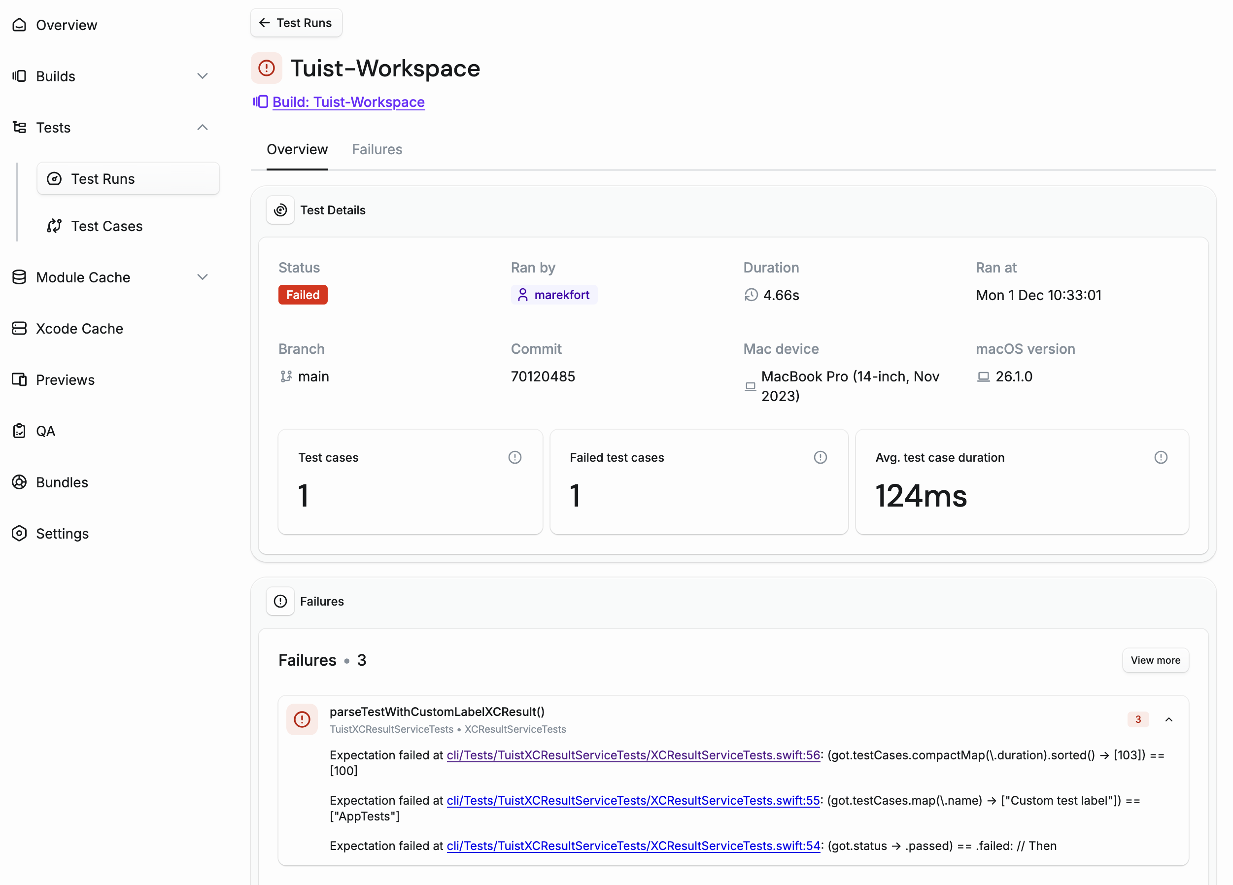 Screenshot of a failed test detail